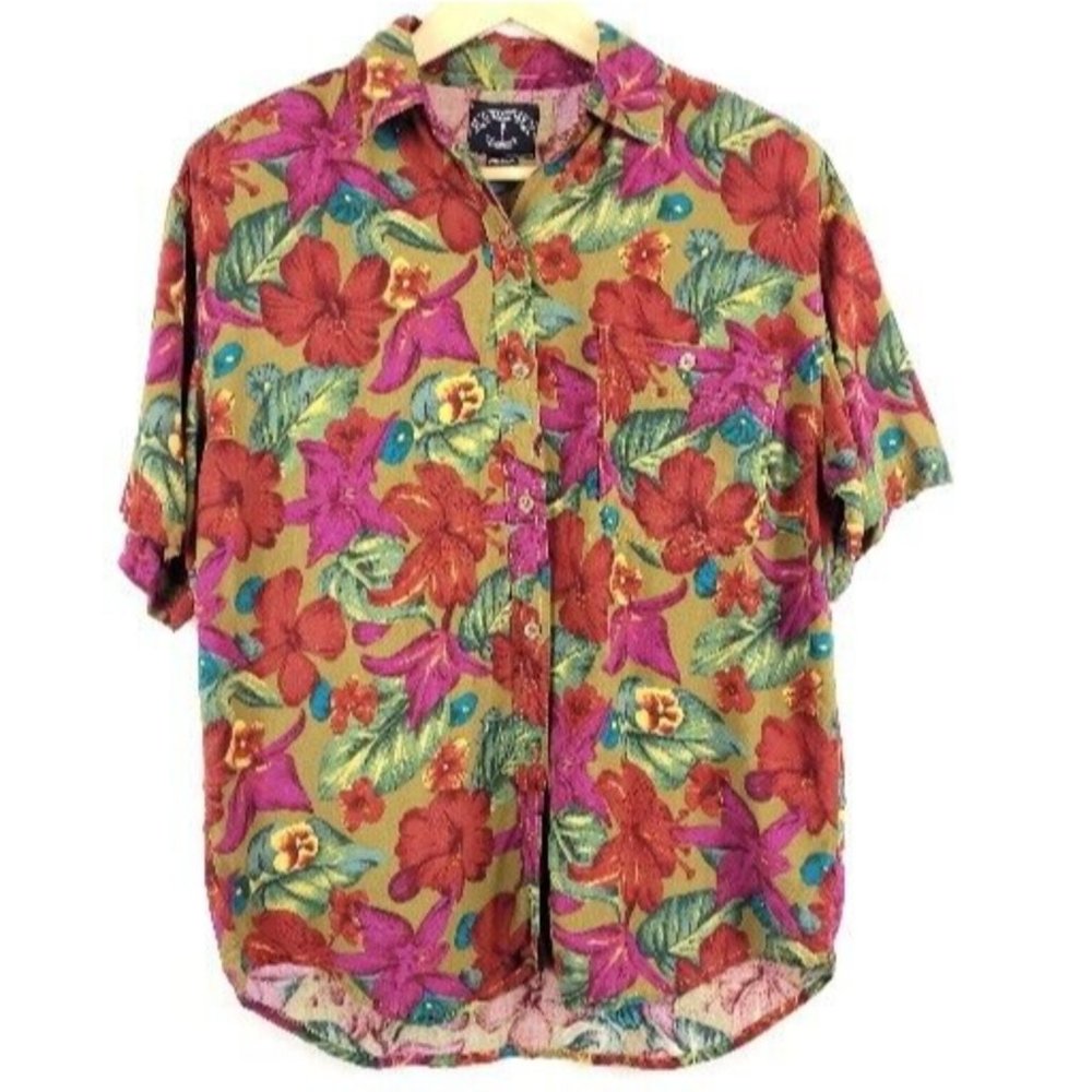 Solutions Original Red and Pink Floral Hibiscus Button Up Shirt Size Small
